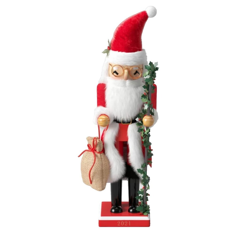 Wooden Christmas Nutcracker,15",WHITE SANTA W/GIFT BAG &LEAF-WRAPPED STICK 21,WS